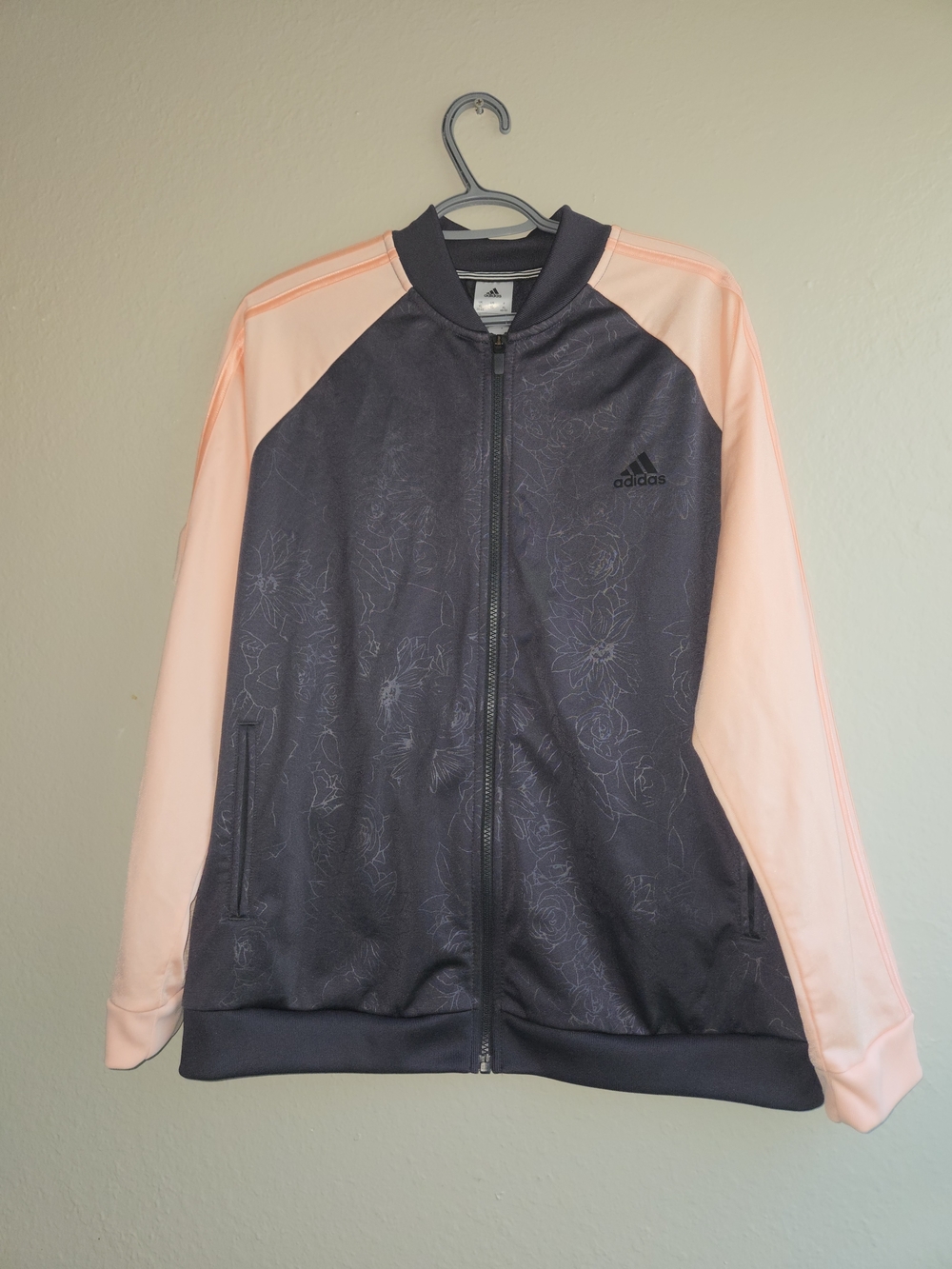 Adidas Track Jacket Women's XL Black Floral Peach Sleeves Full Zip Tracksuit